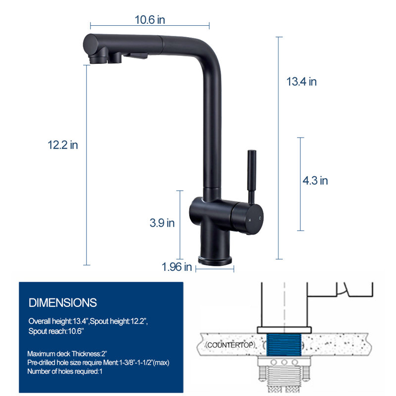 ALPHAUCET Single Handle Pull-Out Sprayer Kitchen Faucet in Matte Black, Matte Black
