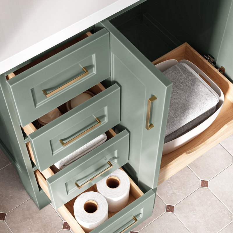 Freitas 48'' Solid Wood Single Bathroom Vanity, Oval, White Quartz, Vintage Green