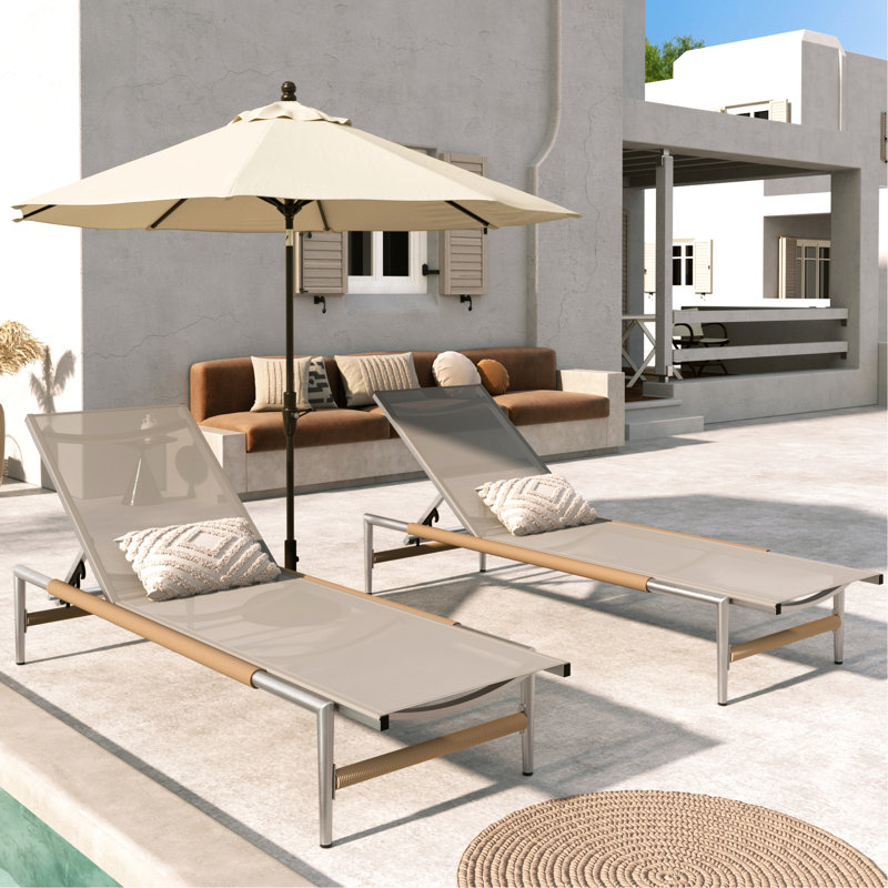 Patio Aluminum Chaise Lounge Bed Of 2 - Rust Frame, Outdoor Mesh, Rounded Rope Wrapped Legs, Optimal Comfort, Easy To Clean, Great For Garden And Lounger Breathable Mesh Summer, Ergonomic Support,