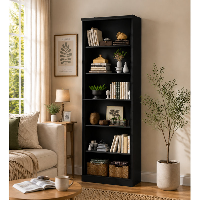 Bibliothèque à 6 niveaux avec tablettes fixes, rangement robuste de 75 po de hauteur et conception résistante aux basculements