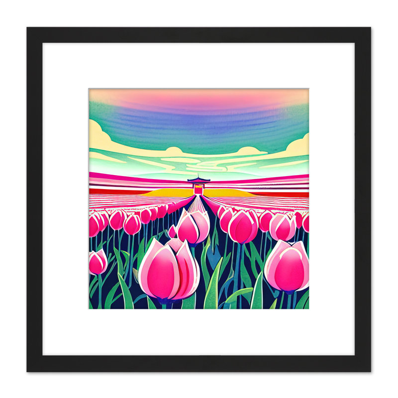 Spring Tulip Flower Field Japanese Temple 1 Piece Single Picture Frame Wall Art