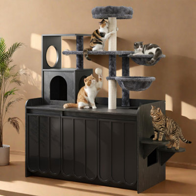 Cat Tree With Litter Box Enclosure, Multi-Level Cat Tower With Scratching Posts, Hammocks, Condo And Storage