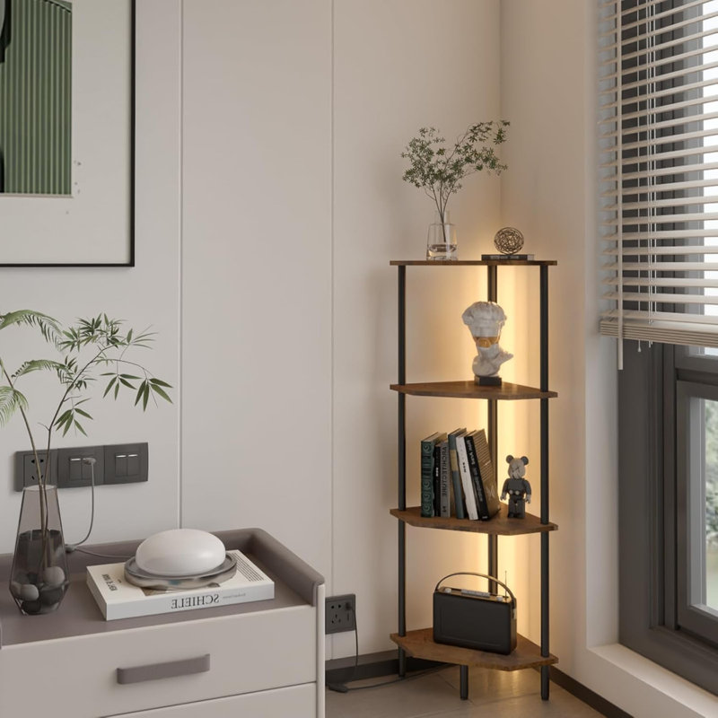 4 Tier Corner Shelf With LED Light,Bookcase For Small Spaces