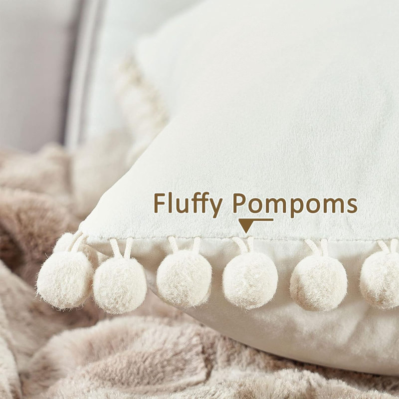 Cream Velvet Throw Pillow Covers with Pom-poms, 22x22 Inch, Set of 2