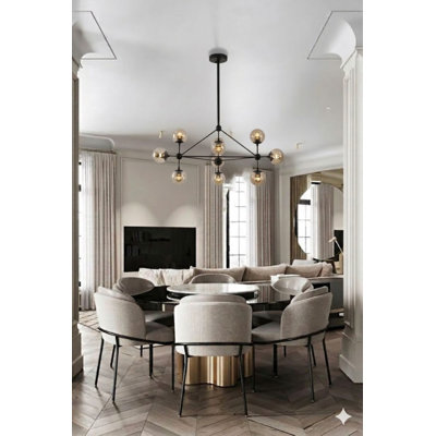 10-Light black metal chandelier with coffee color glass shades