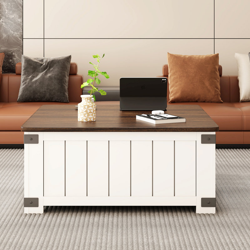 White and Brown Square Lift-Top Coffee Table with Storage