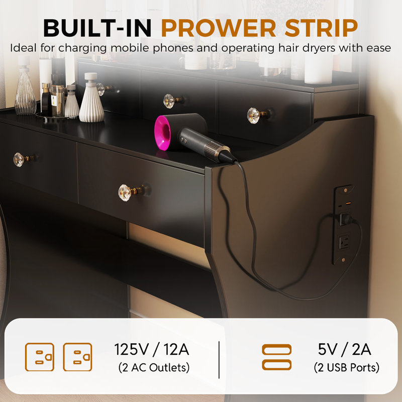 Makeup Vanity Desk with Mirror and Lights, Vanity Table and Chair Set with 4 Drawers and Charging Station, Bedroom Dresser LED Mirror Stepless Dimmable & 3 Color Modes Adjustable