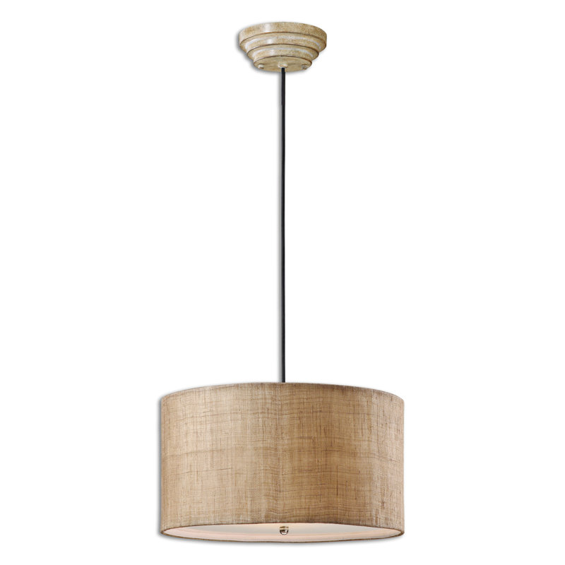 Antiqued Burlap Drum Pendant Light with Frosted Glass