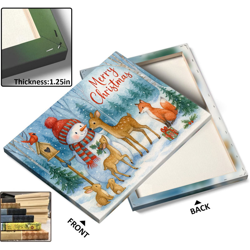 Reproduction sur toile encadrée de P&L Art Merry Christmas Snowman & Forest Animals, H 24 po x l 30 po