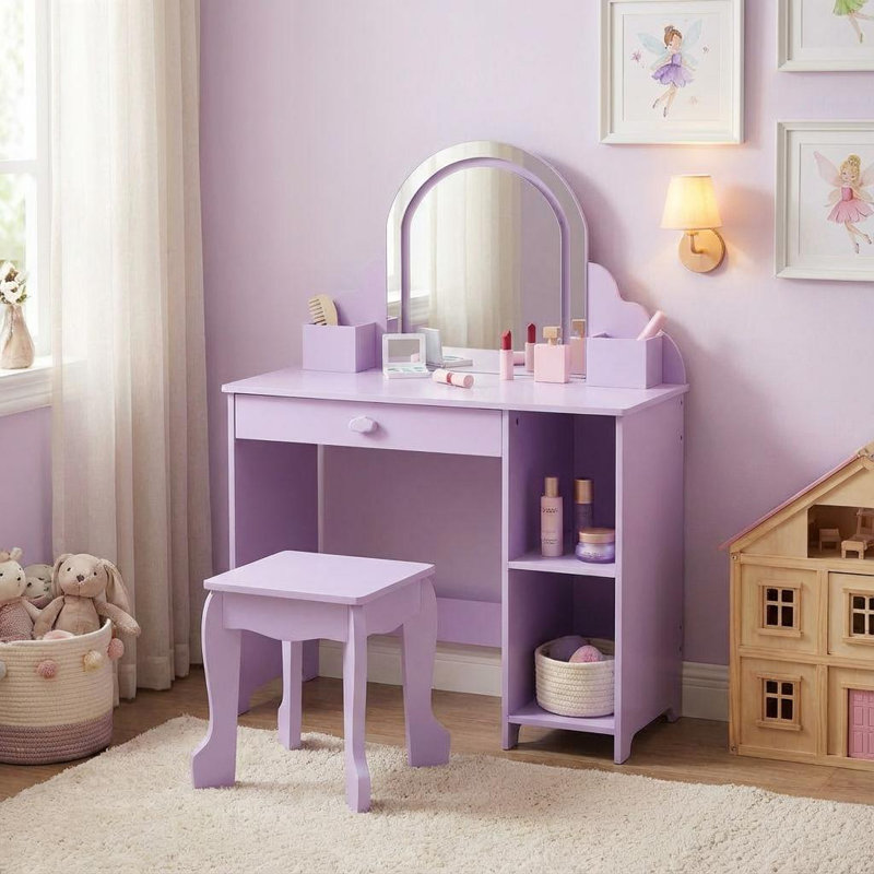 Ensemble de coiffeuse et chaise pour enfants, coiffeuse pour filles avec tablettes et tiroir de rangement, bureau d'étude pour enfants avec grilles de rangement