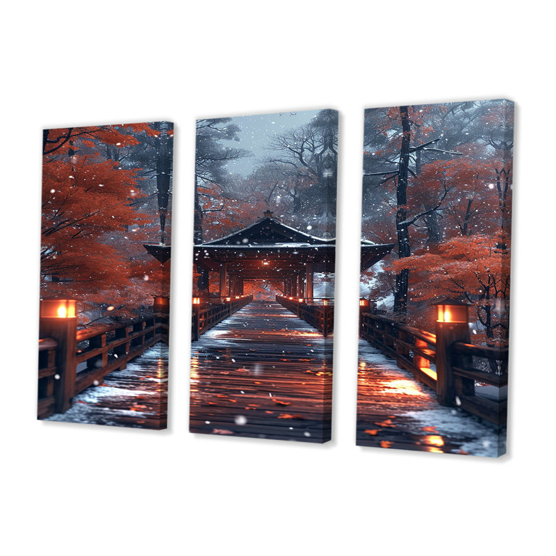 Autumn Pathway To Asian Refuge - ensemble de décorations murales paysage, Toile tendue, H 32 po x l 48 po x P 1 po