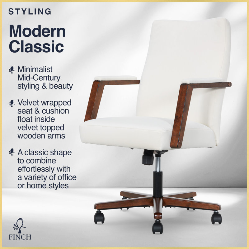 Chaise de bureau à dossier moyen Finch Neo One, velours doux, assise à coussin moyen, accoudoirs rembourrés en bois, Crème
