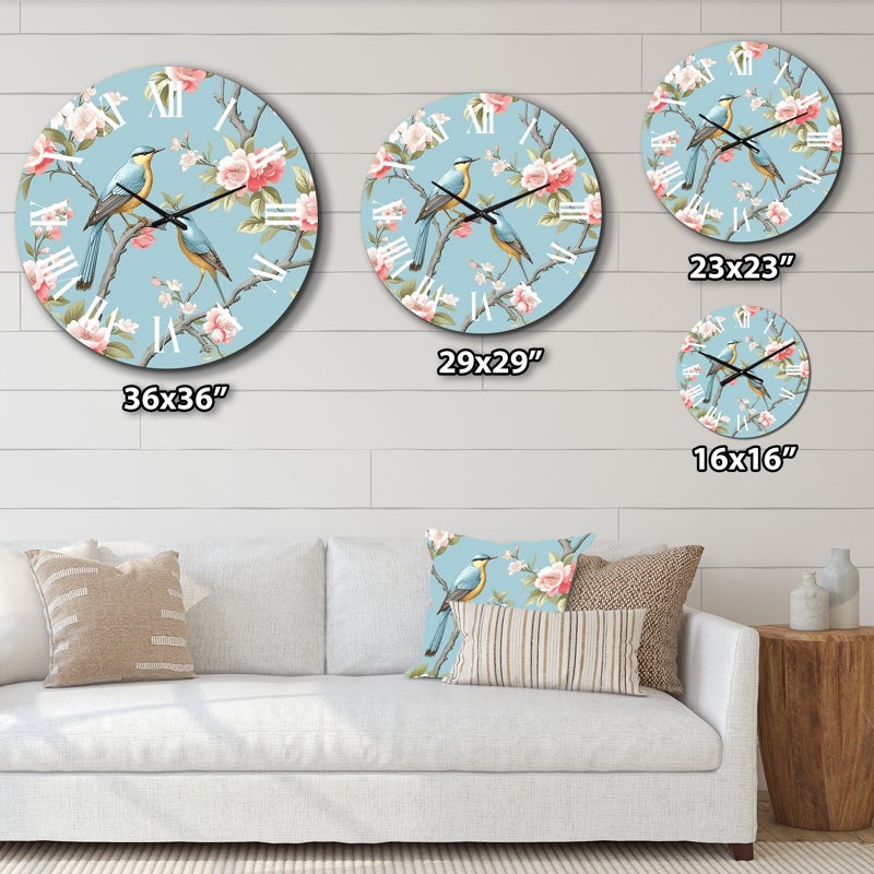 Chinoiserie With Birds And Peonies XV Metal Wall Clock, Large