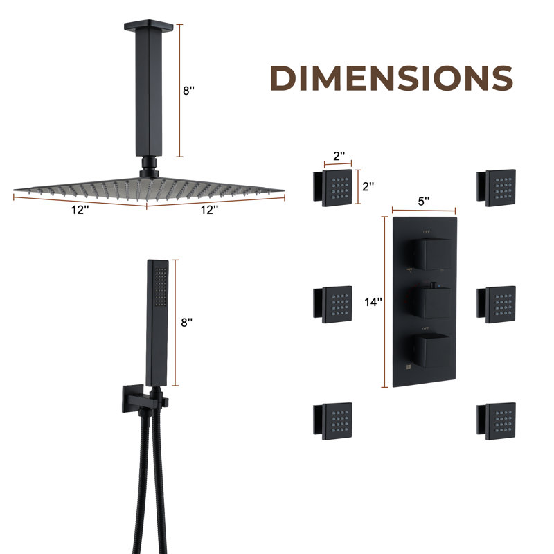 Système de douche thermostatique à 3 fonctions avec 6 jets de corps et valve brute, Noir mat