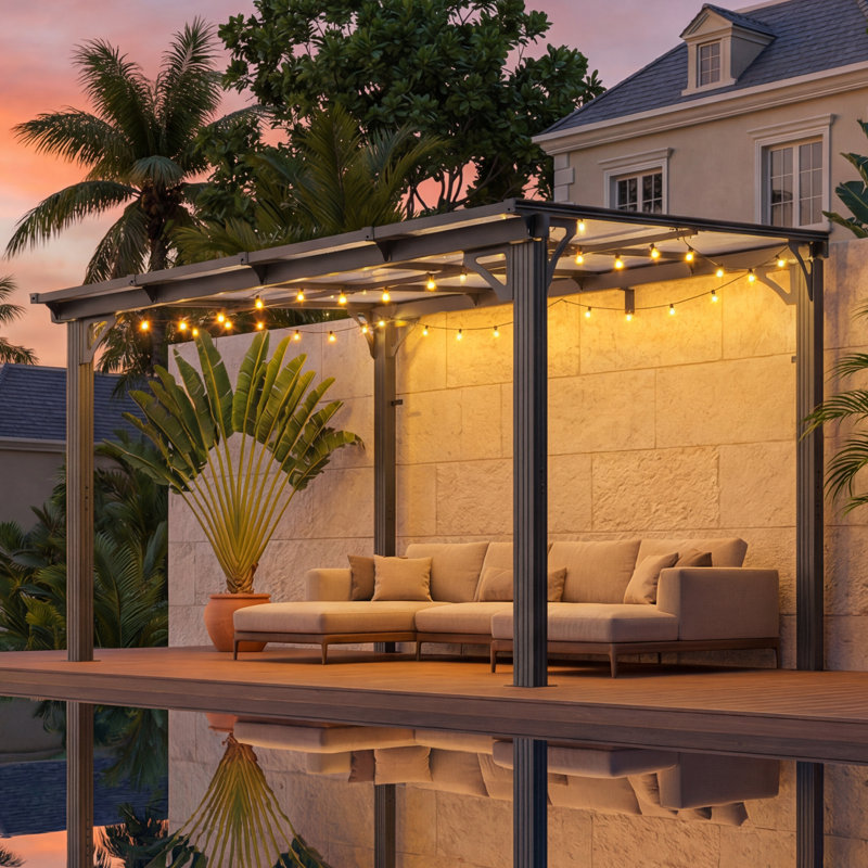 Pergola murale en aluminium, pavillon moderne à toit rigide avec toit en polycarbonate protégé contre les rayons UV, 8 x 10