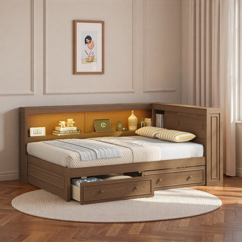Multiple Daybed With Storage Shelves, Usb, Led, And 2 Drawers, Antique Wood