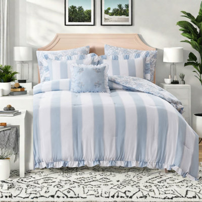 Blue Full Queen Bedding Sets, Microfiber Ruffle Comforter, Romantic Bedroom