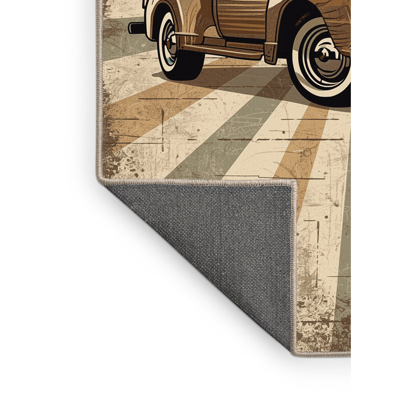 Soft Plush Edens Vintage Pickup Truck Country Rustic Vintage Look Area Rug in Beige – Beige Binding, 6x9