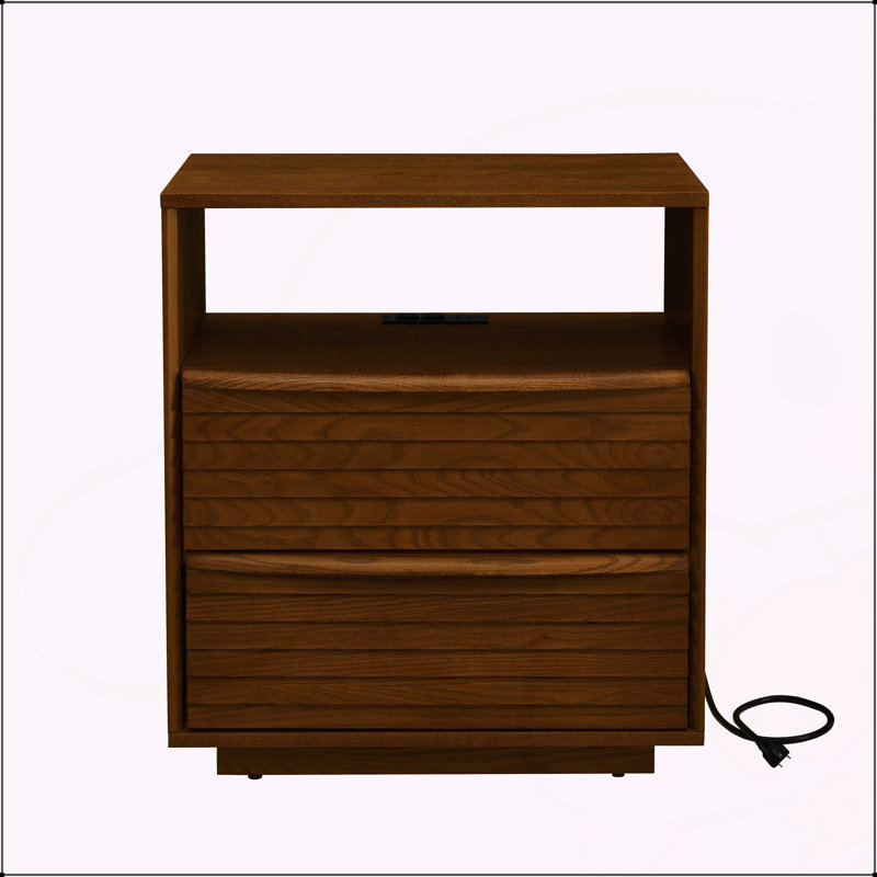 Table de chevet Mid-Century moderne avec station de charge, prise de courant et 2 tiroirs, persienne pour dortoir, noyer