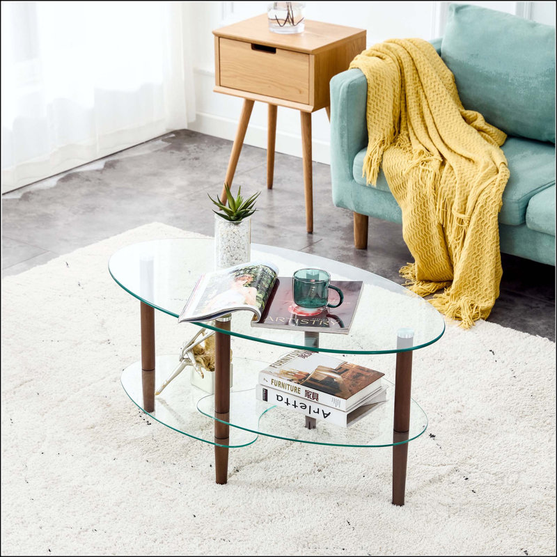 Table basse ovale en verre trempé à 3 couches avec pieds en chêne