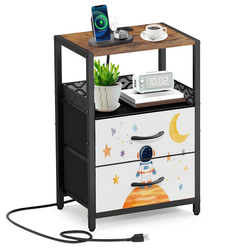Table de chevet 2 tiroirs en tissu avec station de charge