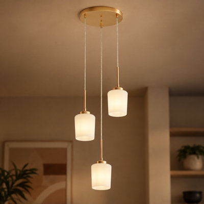3-Light Brass Metal Chandelier with White Glass Shades, Adjustable Height, Dimmable, UL Certified, E26 Base