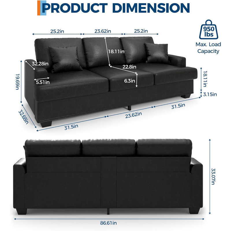 86" Faux Leather Sofa with Pillows, Deep Seat Couch, Black, Black