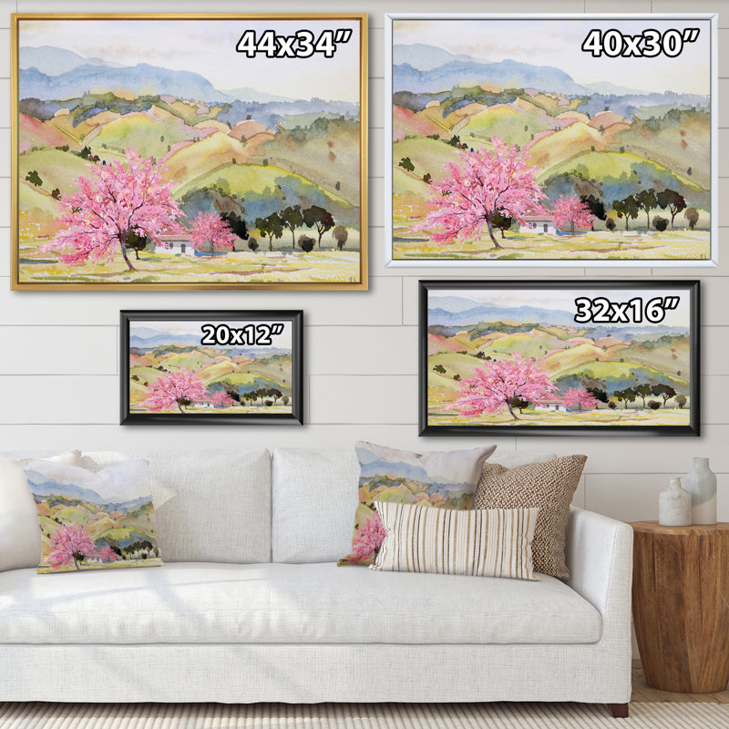 " Pink Mountain Tree In Autum Landscape " Painting Print, 16" H x 32" W, Maple Floater Framed