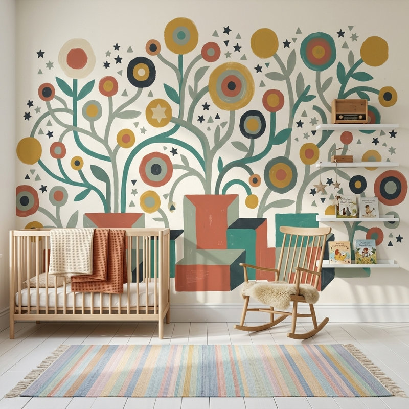 Papier peint éclectique rétro de style Mid-Century, Texturé non collé, 100 po x 96 po