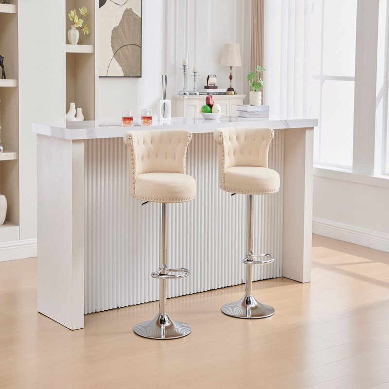 Ensemble de 2 tabourets de bar réglables en velours, pieds en métal plaqué argent, têtes de clou chromées, chaise d'appoint de base à hauteur de comptoir