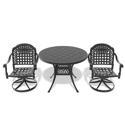 Ensemble de salle à manger 3 pièces en aluminium coulé toutes saisons comprenant 2 chaises pivotantes et une table ronde de 39,37 po avec structure noire