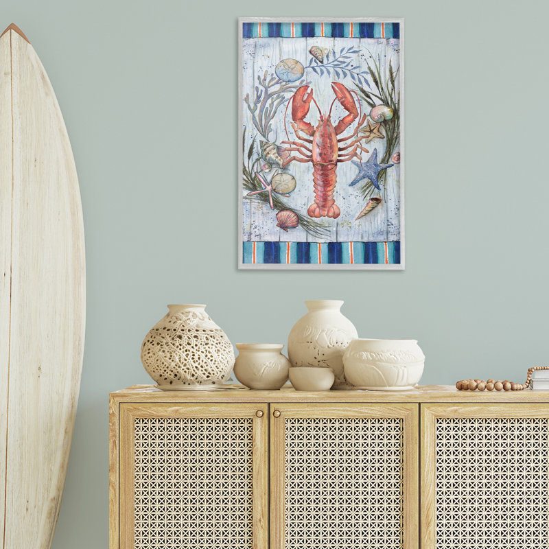 «Coastal Wreath & Lobster», art de la giclée encadrée par Geoff Allen, H 30 po x l 20 po, Giclée encadrée noir minuit