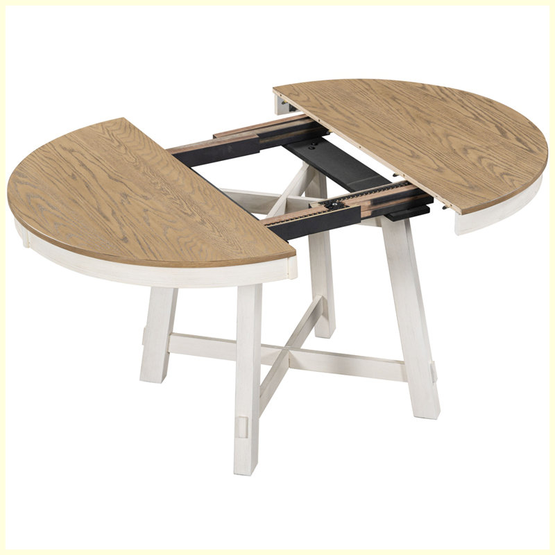 Ensemble de table de salle à manger 5 pièces Farmhouse, Chêne naturel, blanc ancien, Beige / Blanc