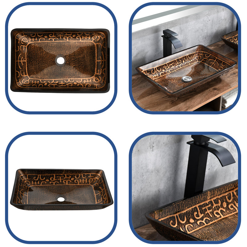 MONSFEST 14'' Glass Rectangular Bathroom Sink with Faucet, Brown, Matte Black