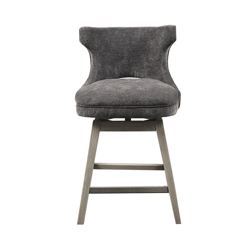Tabouret de comptoir pivotant gris anthracite avec pieds en bois massif, sans retour automatique, argent mat, outils d'assemblage requis