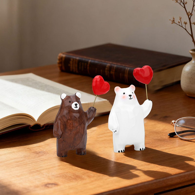 Figurine d'ours avec cœur rouge, statue d'animal romantique, centre de table de la Saint-Valentin, décoration de fête, gris