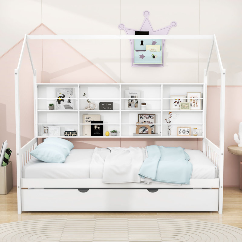 Lit de jour House avec lit gigogne simple et tablette de rangement, Simple