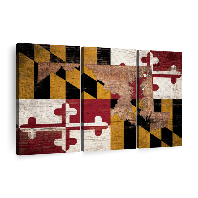 " State Map Over Maryland Flag " by Echoes Of America 3 - Pieces, 28" H x 45" W x 1.25" D