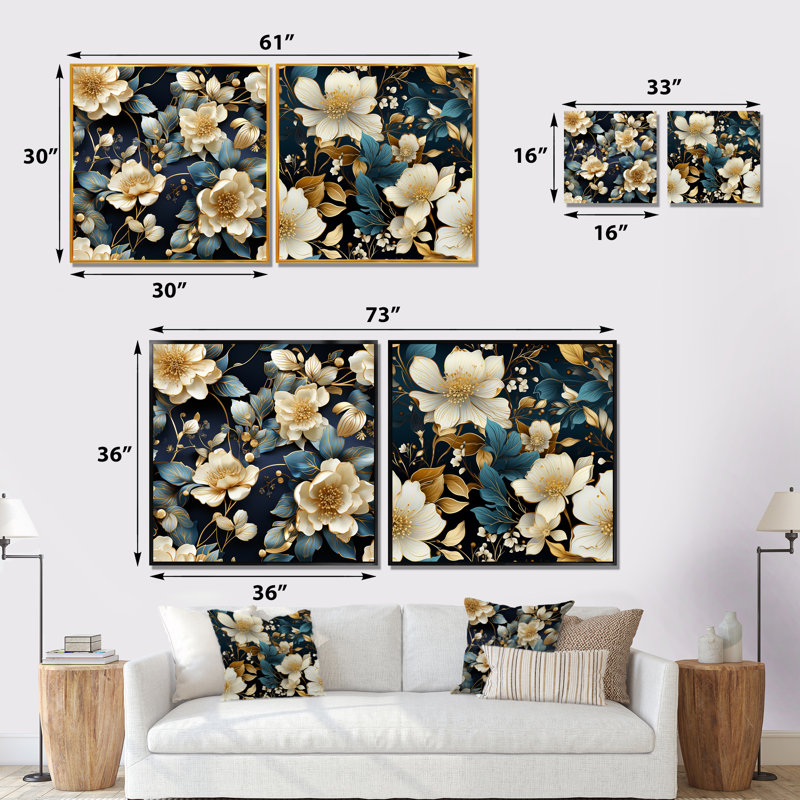 Jans - ensemble de 2 décorations murales florales, Cadre noir, H 16 po x l 33 po x P 1 po