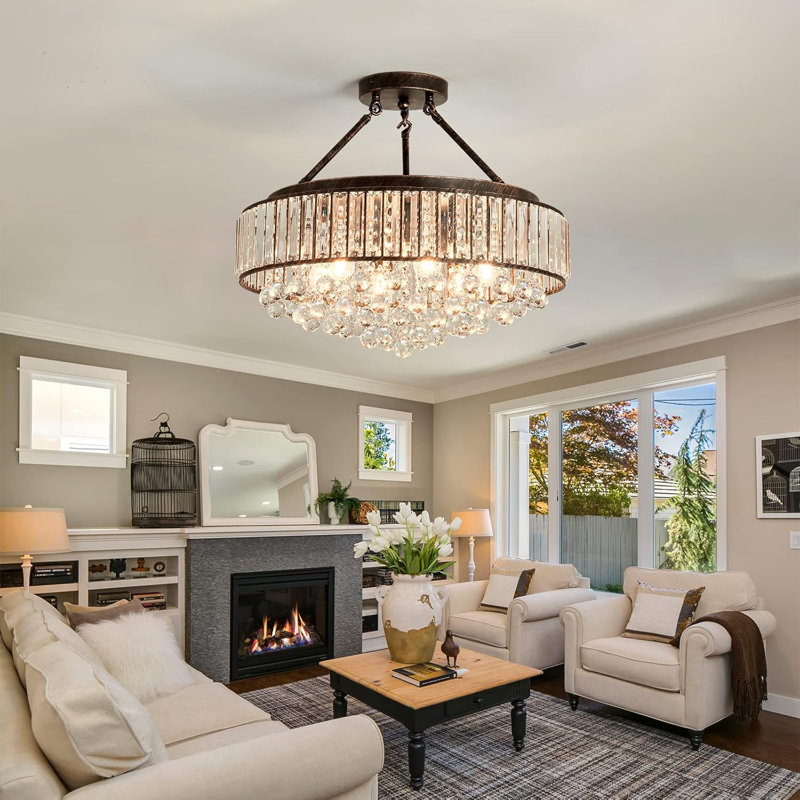 Modern Crystal Oil Polished  Metal Semi Embedded Pendant Light, Bronze
