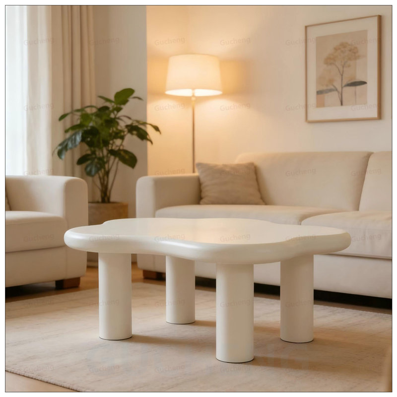Table basse en forme de nuage avec 4 pieds ronds, spacieuse et élégante pour les salons modernes, Blanc