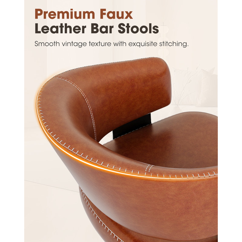 Bar Stools Set of 2, 30" Swivel Bar Height Bar Stools with Curved Back, Mid-Century Modern Faux Leather Bar Chairs with Stitching for Home Bar and Pub Table