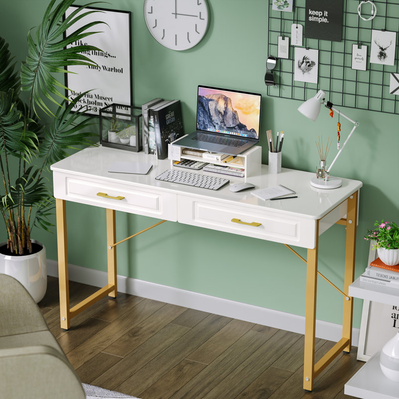 Darl Writing Desk with Wooden Drawers, White, 29.13" H x 39.37" W x 15.75" D