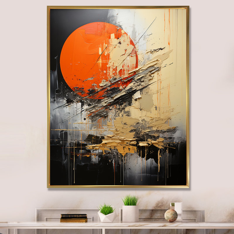 Forme de lune orange - art mural abstrait, Cadre flottant doré, H 40 po x l 30 po x P 1,5 po