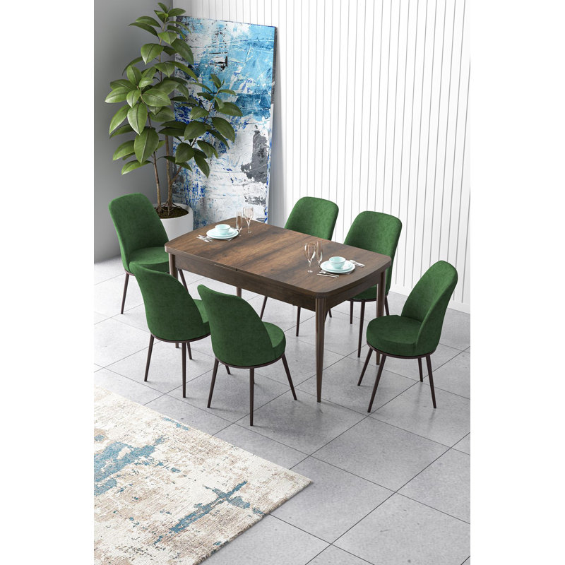 Ensemble de table et chaises de salle à manger moderne extensible (7 pièces), baroque et kaki | 100% panneau de fibres à densité moyenne avec pieds en métal | Table: 51,9 po x 30,7 po x 31 po (ouverture: 66,9 po de largeur) | Chaises confortables avec 22 dossiers en mousse et 28 sièges en mousse