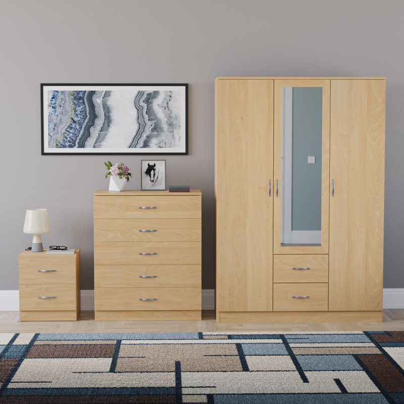 Maybery 3 Piece Bedroom Set (2 Drawer Bedside Chest, 5 Drawer Chest, 3 Door 2 Drawer Mirrored Wardrobe), (5), Pine