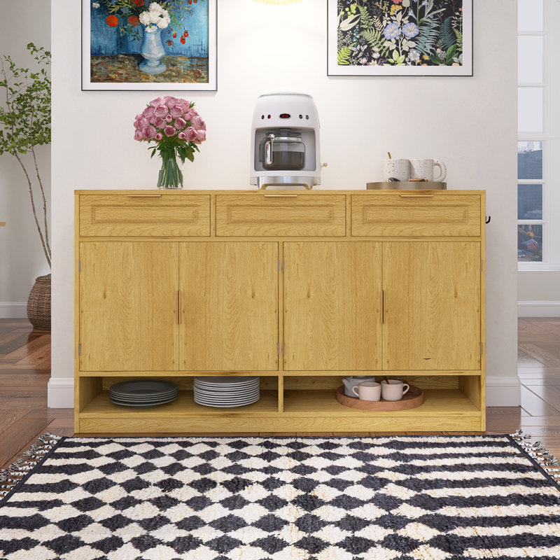Buffet Farmhouse avec 3 tiroirs et 4 portes, buffet de rangement multifonctionnel de 59,1 po avec tablette réglable et compartiments de rangement ouverts, naturel