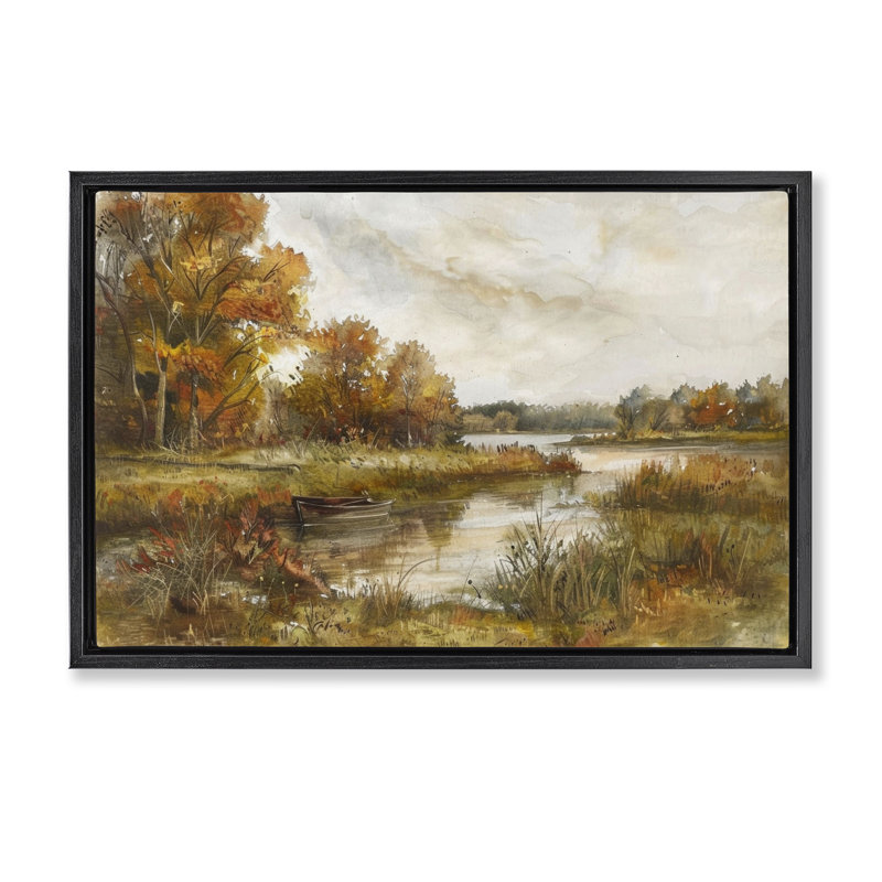  Fall Scenic River Boat Canvas by LSR Design Studio, Jet Black Floater Frame, 17" H x 25" W