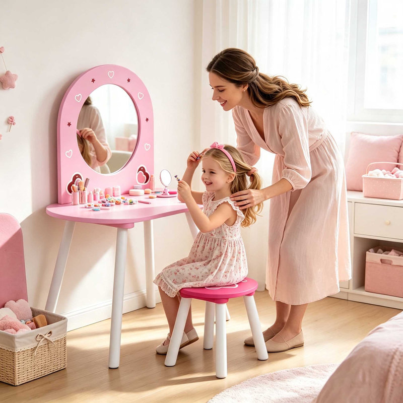 Kids Pink Vanity Table Set with Mirror & Stool, Wooden Dressing Desk for Ages 3–6, Bedroom Playroom Furniture