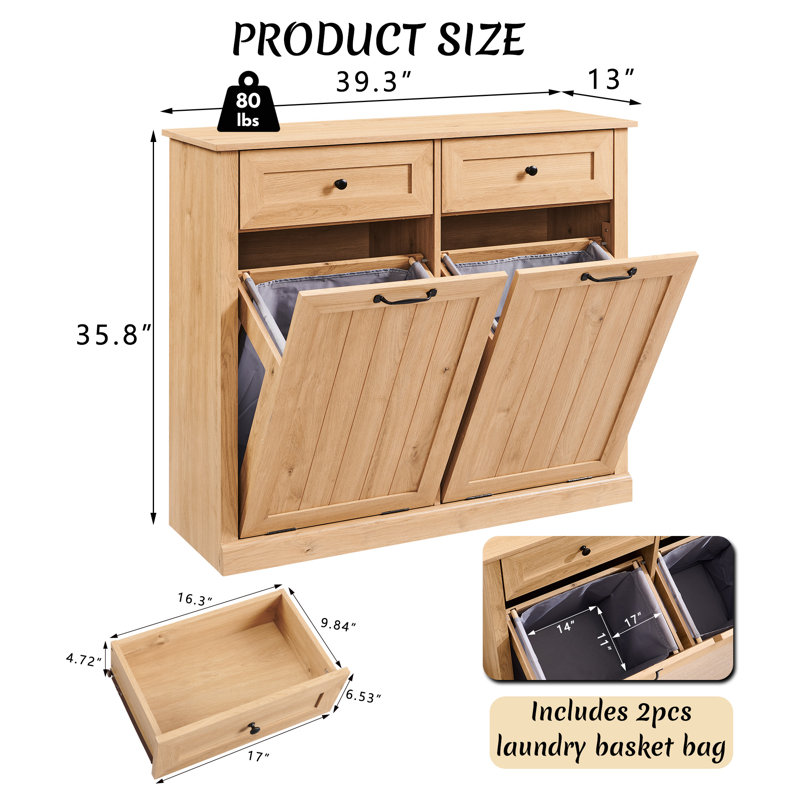 Tilt-out Dual Laundry Hamper Cabinet with with 2 Drawers,20 Gallon Farmhouse Laundry Storage Basket for Bathroom(Includes 2pc laundry basket.)